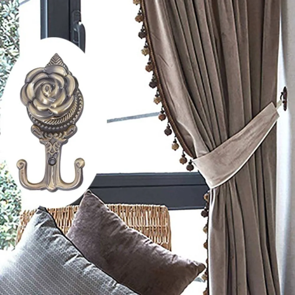 1 Pair Metal Material Curtain Holdback Rose Design Wall Mounted Retro Drapery Holder Multifunctional with Screw Window Holder
