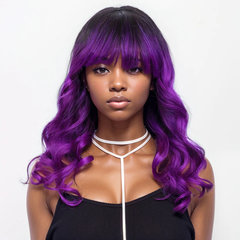 

22INCHES T1B/Purple Body Wave Human Hair Wigs With Bangs Fringe 180D Brazilian Full Machine Made Women Wigs Cosplay Hair Wigs