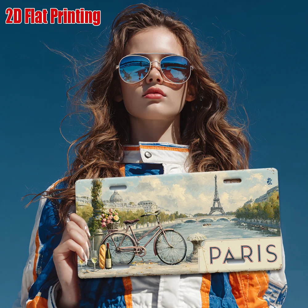 Paris Metal License Plate Wall Art - 11, 8x5, 9 Inch Aluminum Sign with Eiffel Tower & Bicycle Scene, Rustic Outdoor Decor for H