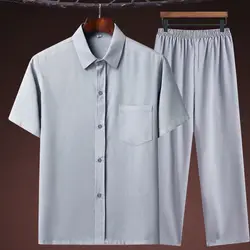 Men's Clothing Large Size Shirts Pants Husband 2024 Summer Suit Cotton Linen Shirt Fashion Male Set Chinese Style Two Pieces