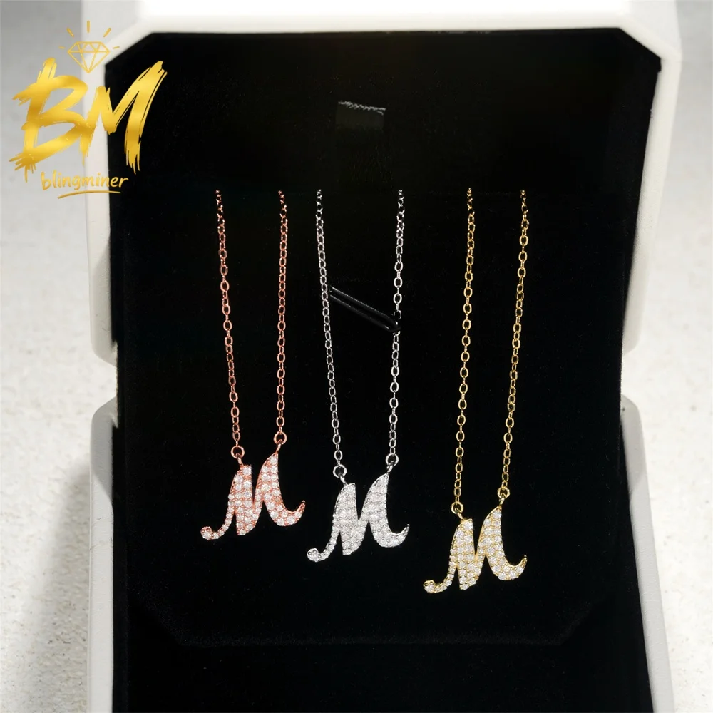 Blingminer S925 Silver Letter M VVS Moissanite Iced Out Pendant Necklaces For Women  Jewelry Pass Diamonds Tester GRA Free Shipp