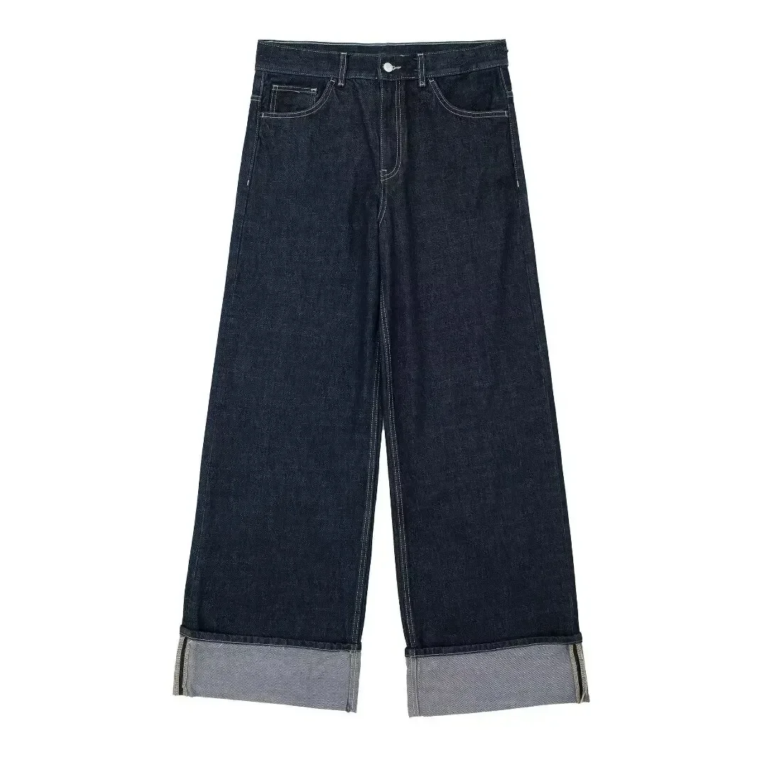 Damesmode pak Retro gesplitst Single-breasted zak denim jack + hoge taille dames broek met wijde pijpen en ritssluiting 2-delige set