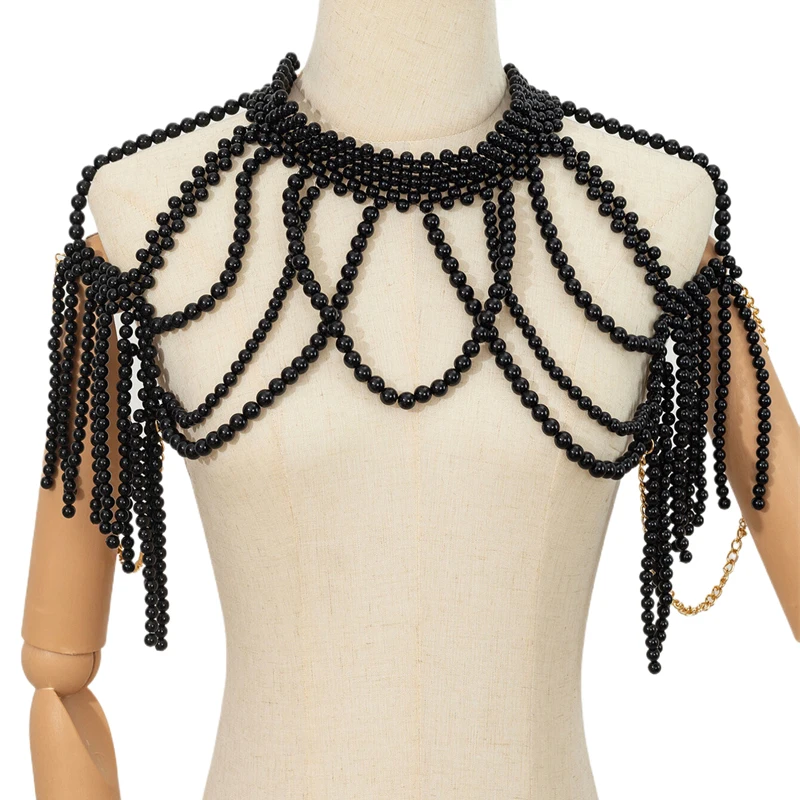 Perlenbesetzte Damen-Halskette, mehrlagige Quasten-Körperkette, Vintage-Exotik-Hochzeitsparty Y2K Crop Top, atmungsaktiv, Oversize – Detail 4