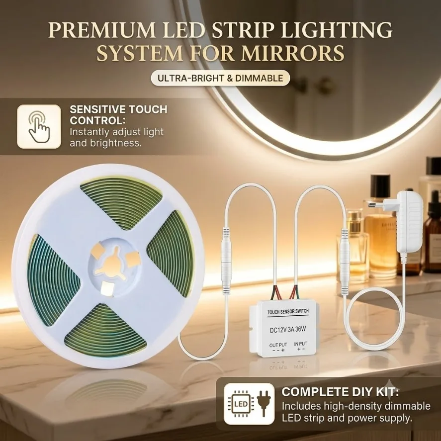 Dimmable Touch Control Bathroom Makeup Mirror 12V LED Light Strip Set Dressing Table Background Lighting Sensor Vanity Light