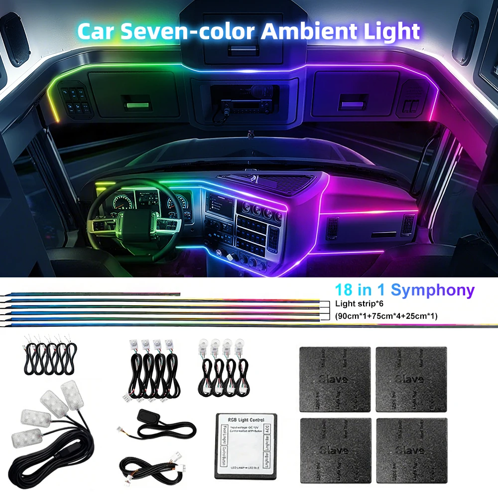 

Truck Interior RGB LED Ambient Light Strip Kit 12V Bluetooth Control APP Music Sync Decorative Lamp Universal Car Accessories