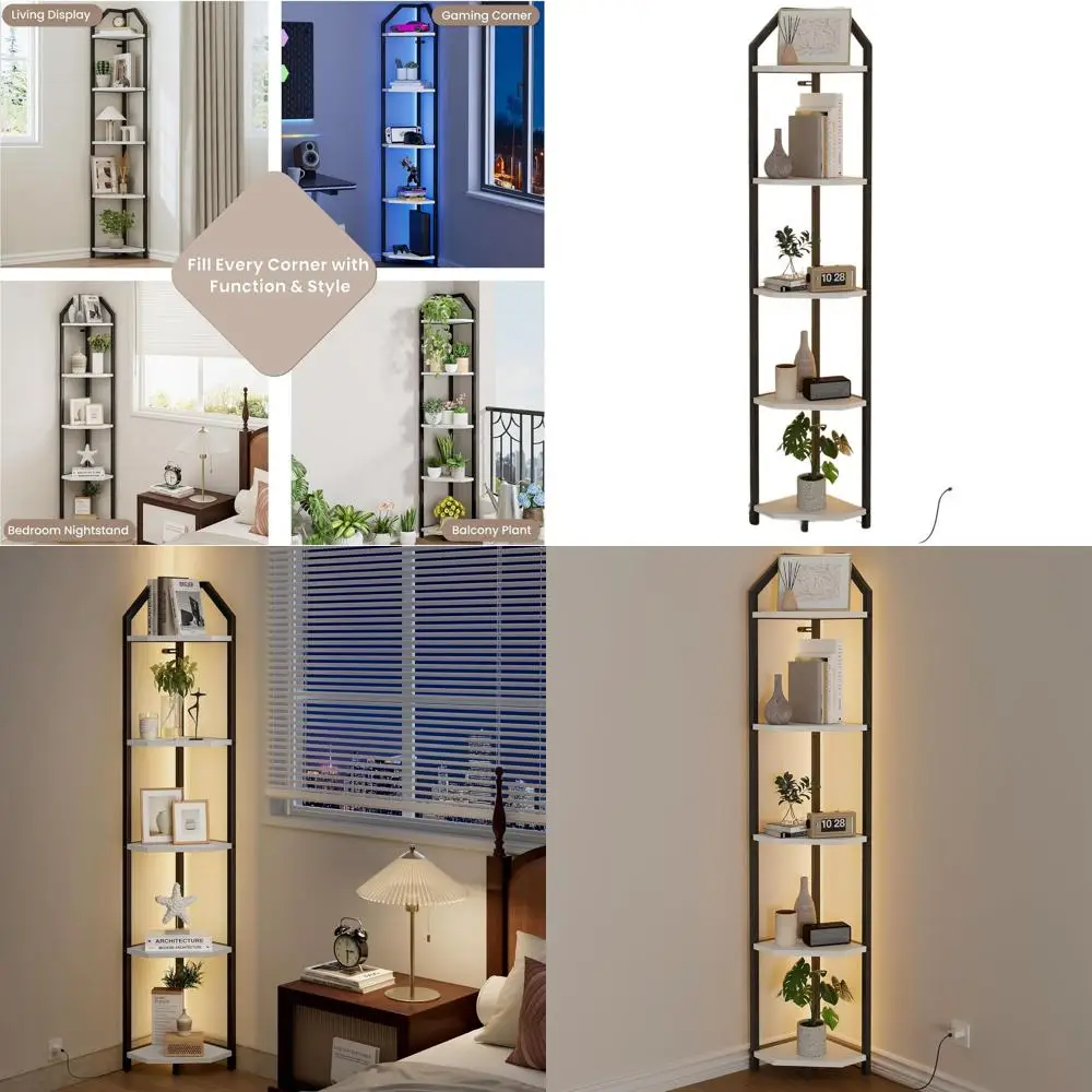 

Modern 5-Tier LED-Lit Corner Shelf - White, Space-Saving Wood & Metal Rack for Home & Office