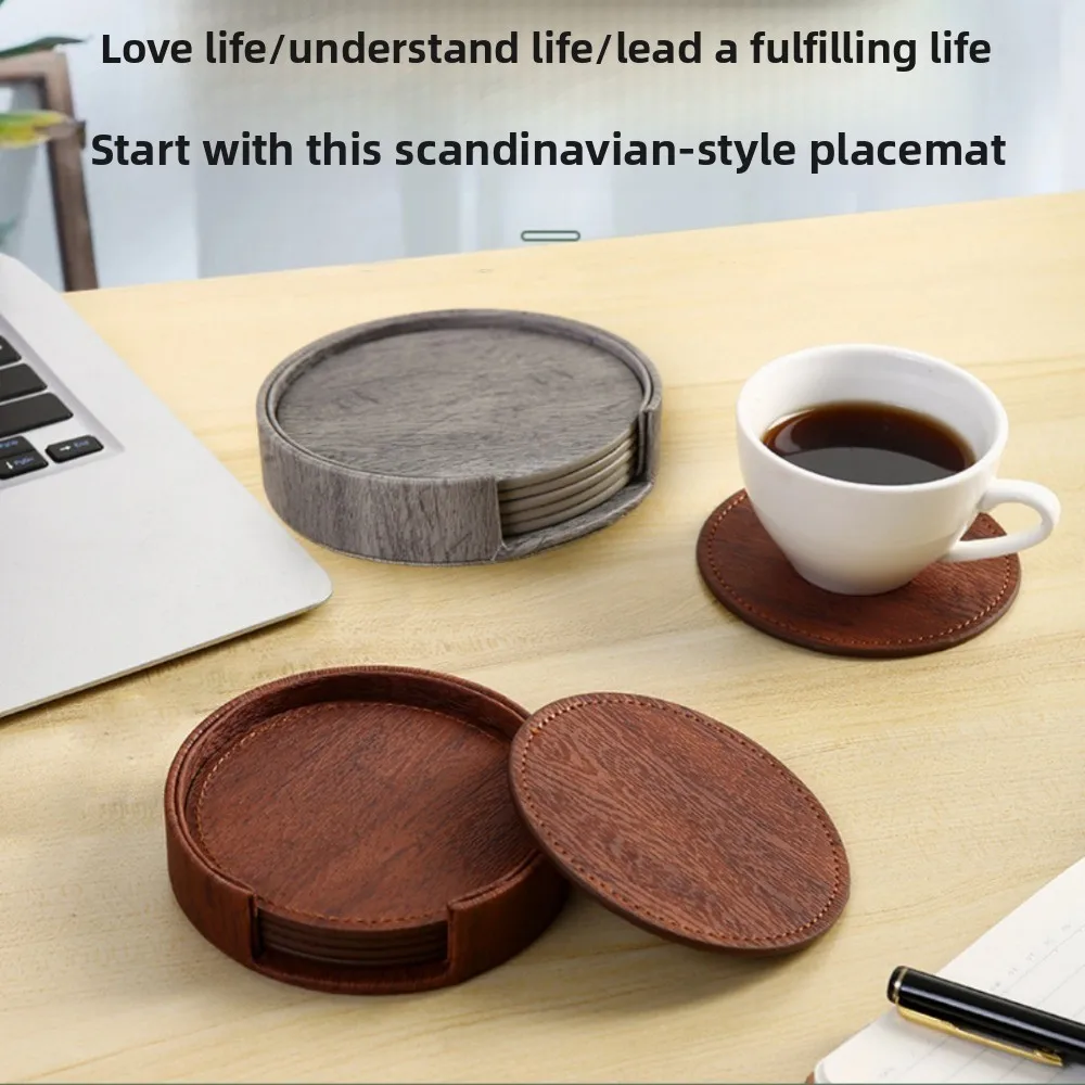 Nuevo 6 unids/set posavasos de cuero de grano de madera estante aislado de doble cara tapete para tazas té y café almohadillas para tazas a prueba de calor manteles individuales
