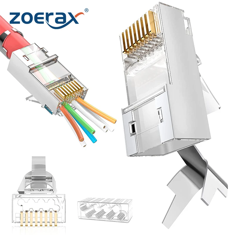 10 szt. Ekranowane złącza przelotowe RJ45 Cat6A Cat7 - 3-bolcowe 8P8C pozłacane 2-częściowe przelotowe modułowe wtyczki danych