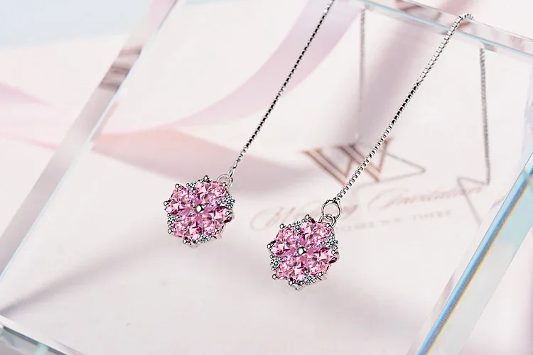 

Romantic 925 Sterling Silver Pink Crystal Micro Zircon Cherry Blossom Flower Long Tassel Earrings for Women Brincos Pendientes