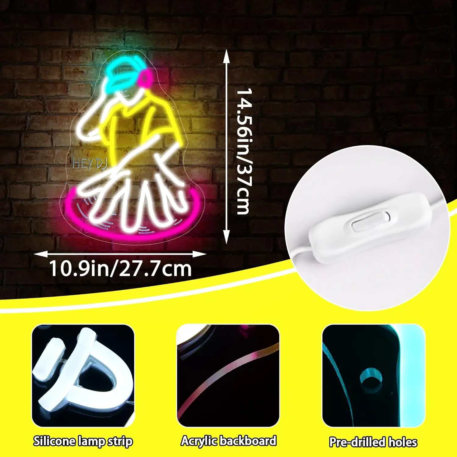 DJ Player Neonowy Znak Świetlny LED Dekoracja Ścienna do Męskiej Jaskini, Pokoju Muzycznego, Studia, na Scenę, do Hali Tanecznej, Baru, Sypialni, na Imprezę, Urodziny