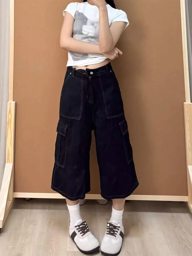 Jean de travail rétro américain pour femmes, Design de rue, ample, Slim, jambes larges, pantalon ort sept-quarts, coupe ample décontractée