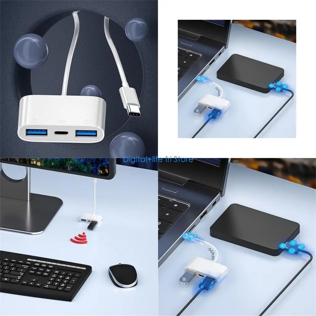 E06D Laptops Pad Fast Speed 3 in 1 USB 3.0 TypeC to USB 3.0 2.0 3 Port Multi Splitters Adapters for Laptops