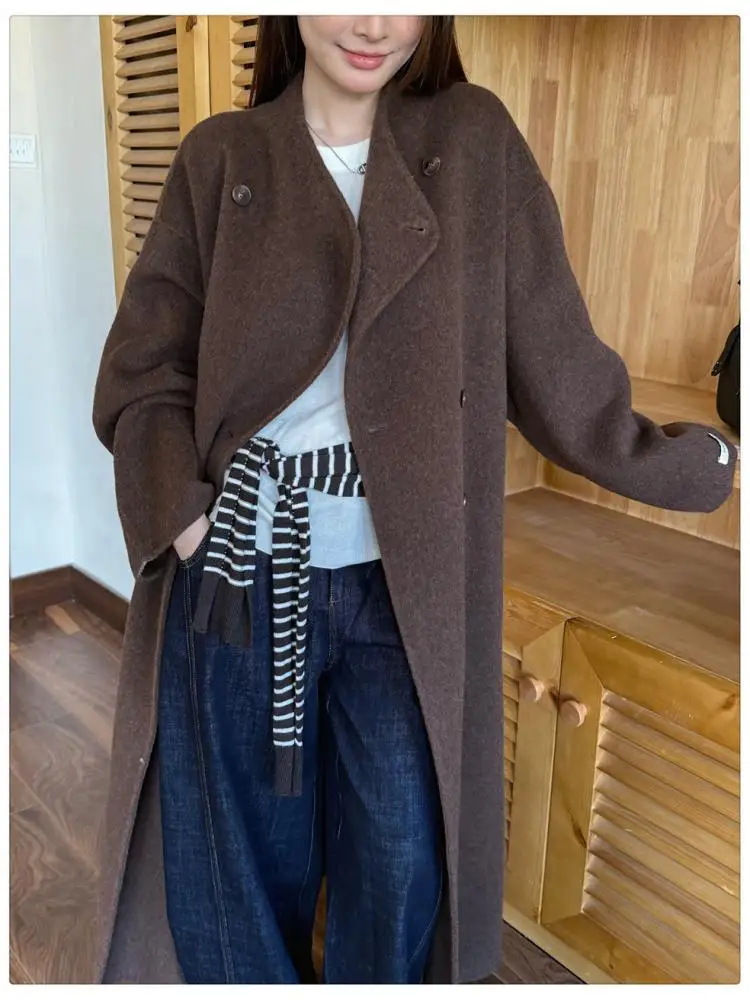 

Office Lady Stand Collar Long Wool Jackets 2025 Autumn And Winter Double-Breasted Lace-Up Loose Women's X-Long 100% Wool Coats