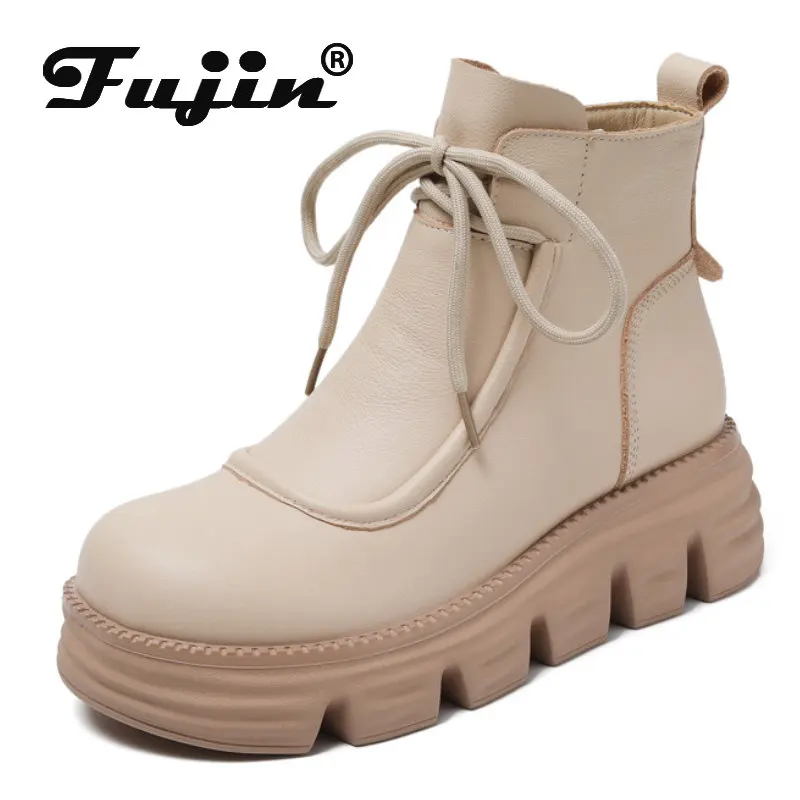 

Fujin 6cm New Natural Cow Geunine Leather Thick Sole Genuine Leather Autumn Spring Winter Plush Warm British Women's Ankle Boots