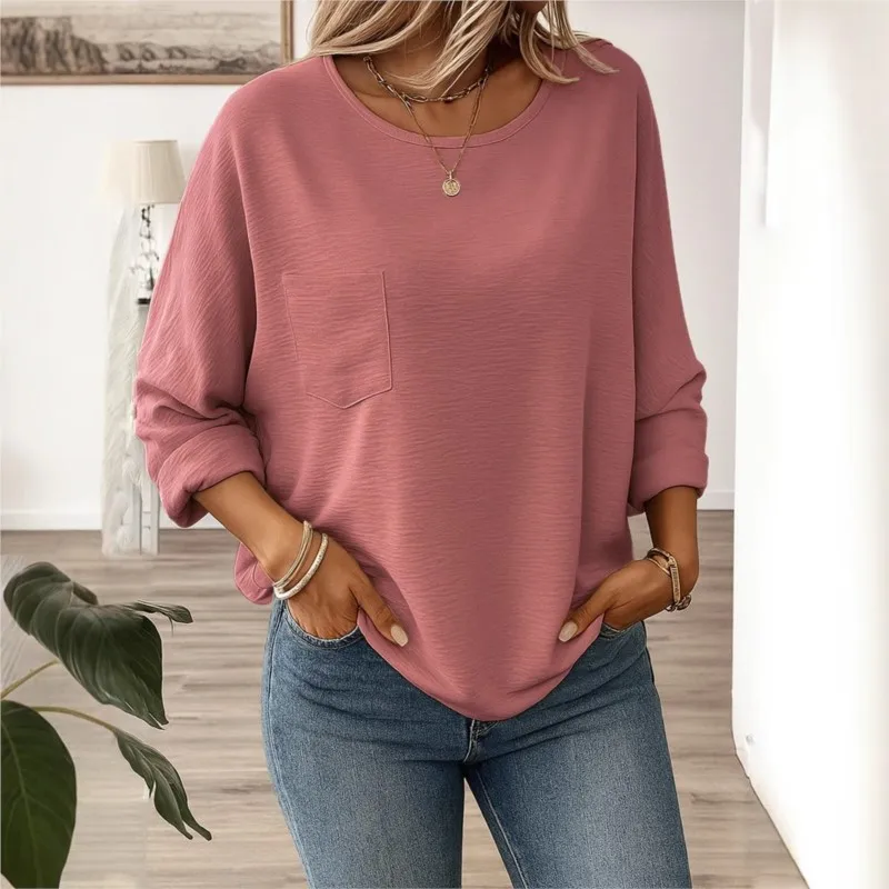 Femmes à manches longues Blouses amples et chemises 2025 automne hiver décontracté basique col rond épissure poche t-shirts hauts femme vêtements