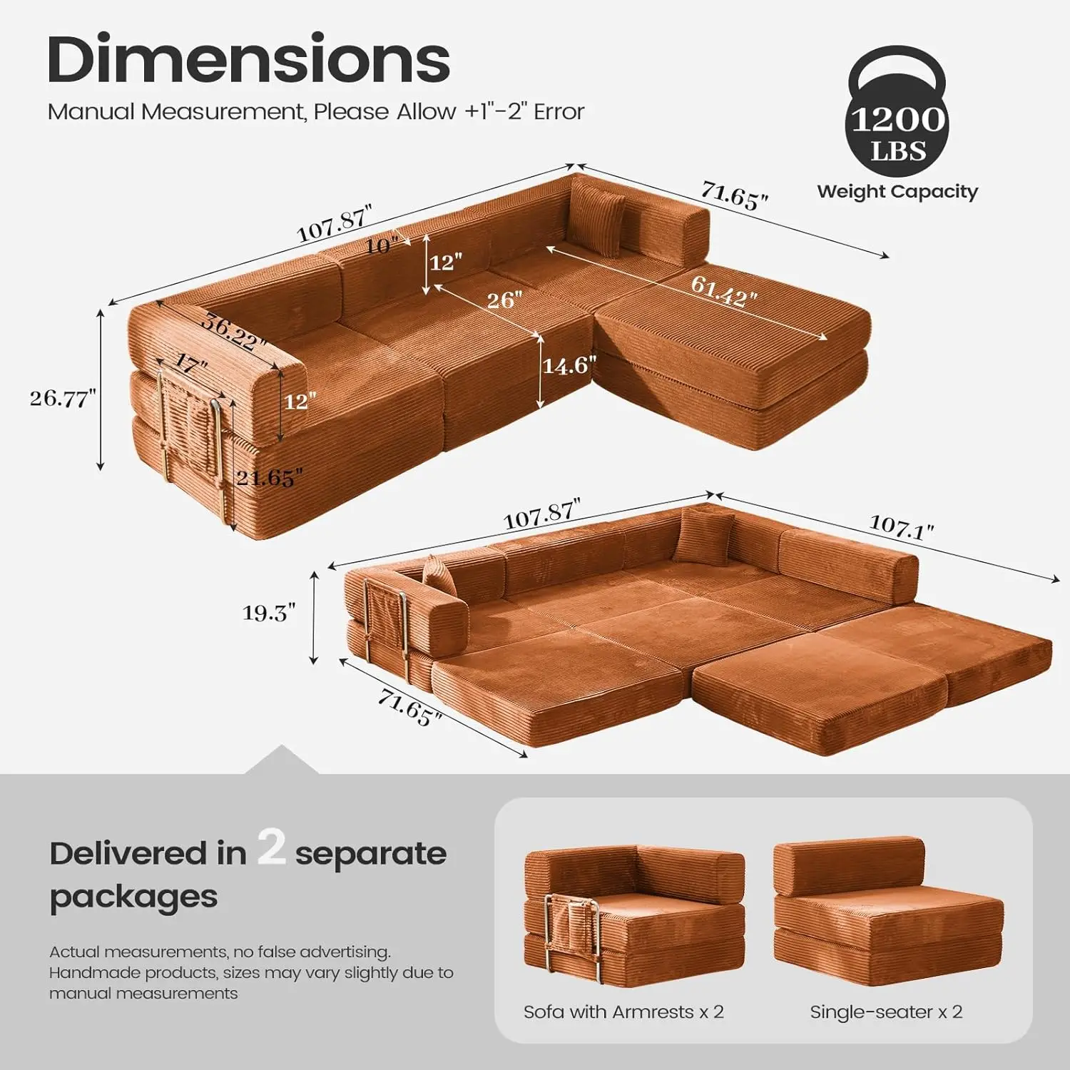 #Folding Sofa Bed Convertable Corduroy Couch King Size Floor Sleeper 4-in-1 DIY Combination Modular Sofa Fold Out, Customized