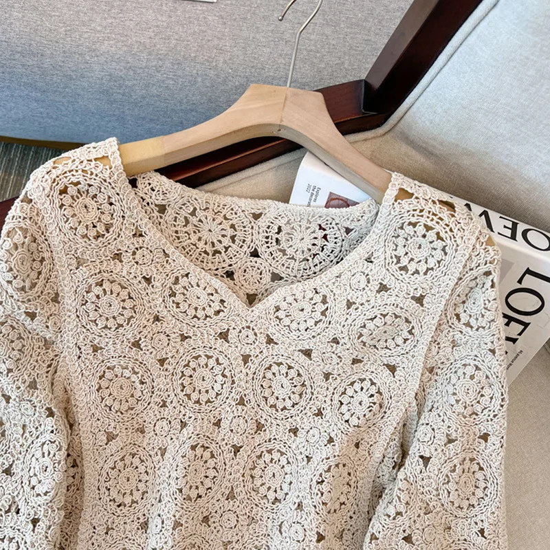 Cardigan tricoté en dentelle au Crochet pour femme, haut à manches longues, col en V, printemps et été