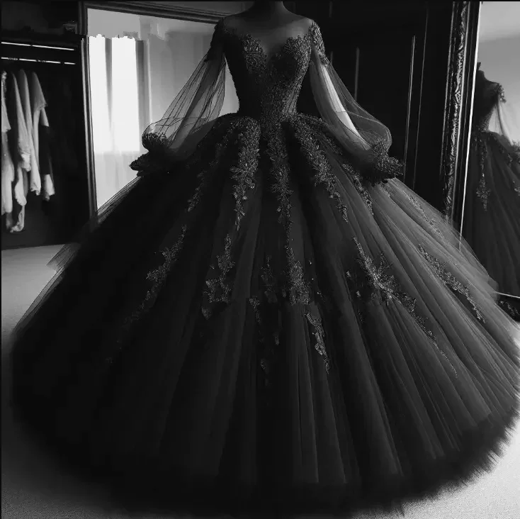 Schwarze gotische viktorianische Brautkleider, maßgeschneiderter Puffy-Rock, Applikation, lange Ärmel, Schnür-Brautkleid, Vestido De Novia