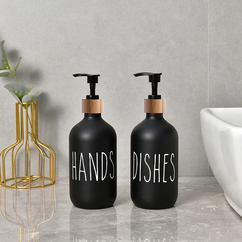 Soap Dispenser Bottle Matte Black Kitchen Refillable Hands Dishes Press Bottle Bamboo Wood Pump Bathroom Storage Bottle 500ML