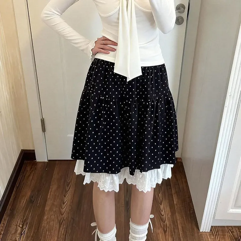 

Fashion Lace Patchwork Korean Polka Dot Skirts Women's Clothing A-Line Elastic Spring Summer High Waist Aura Cupcake Knee Skirts