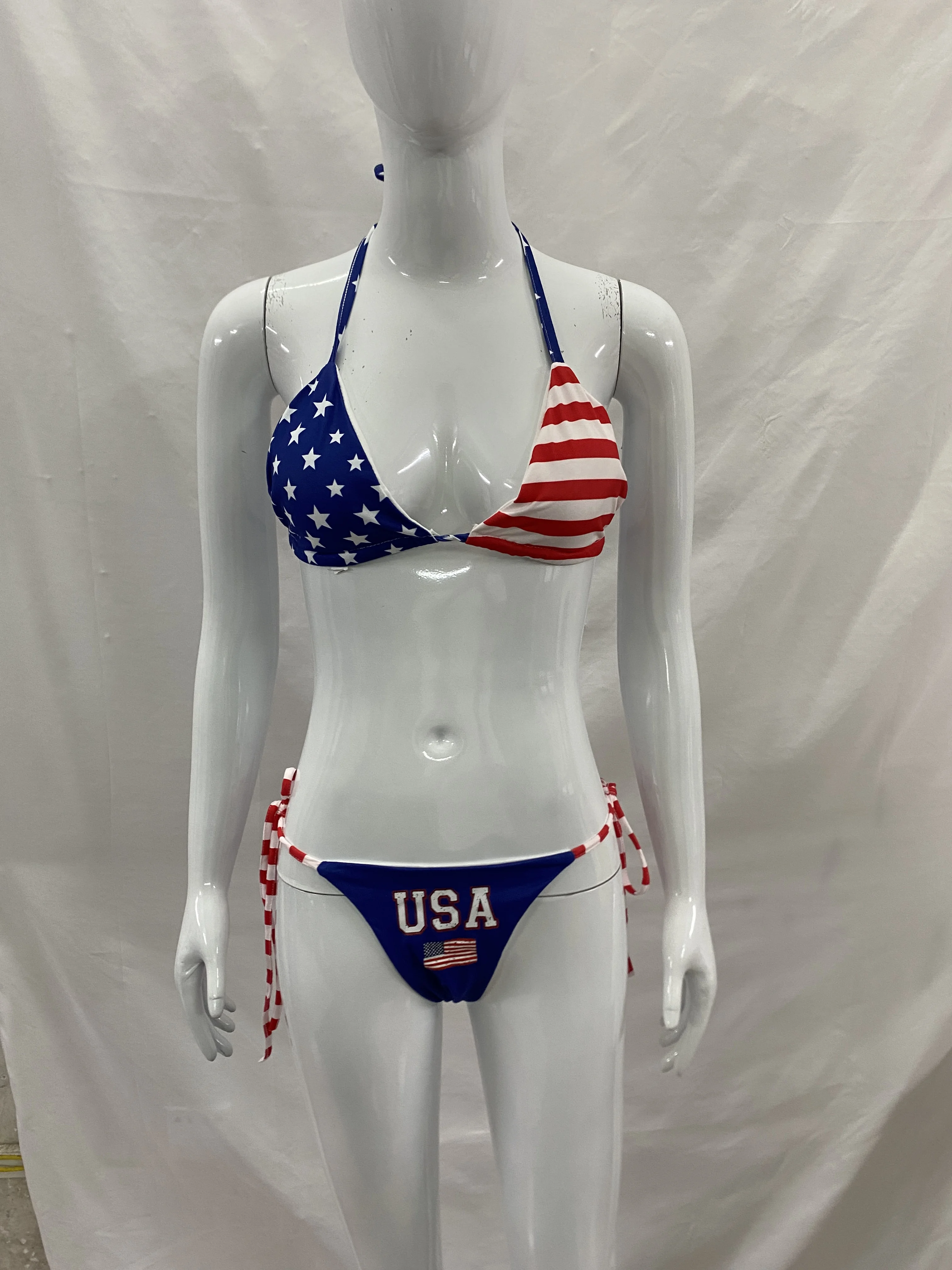 Vintage US Flag Contrast Color Halter String Bikini Beach Swimwear