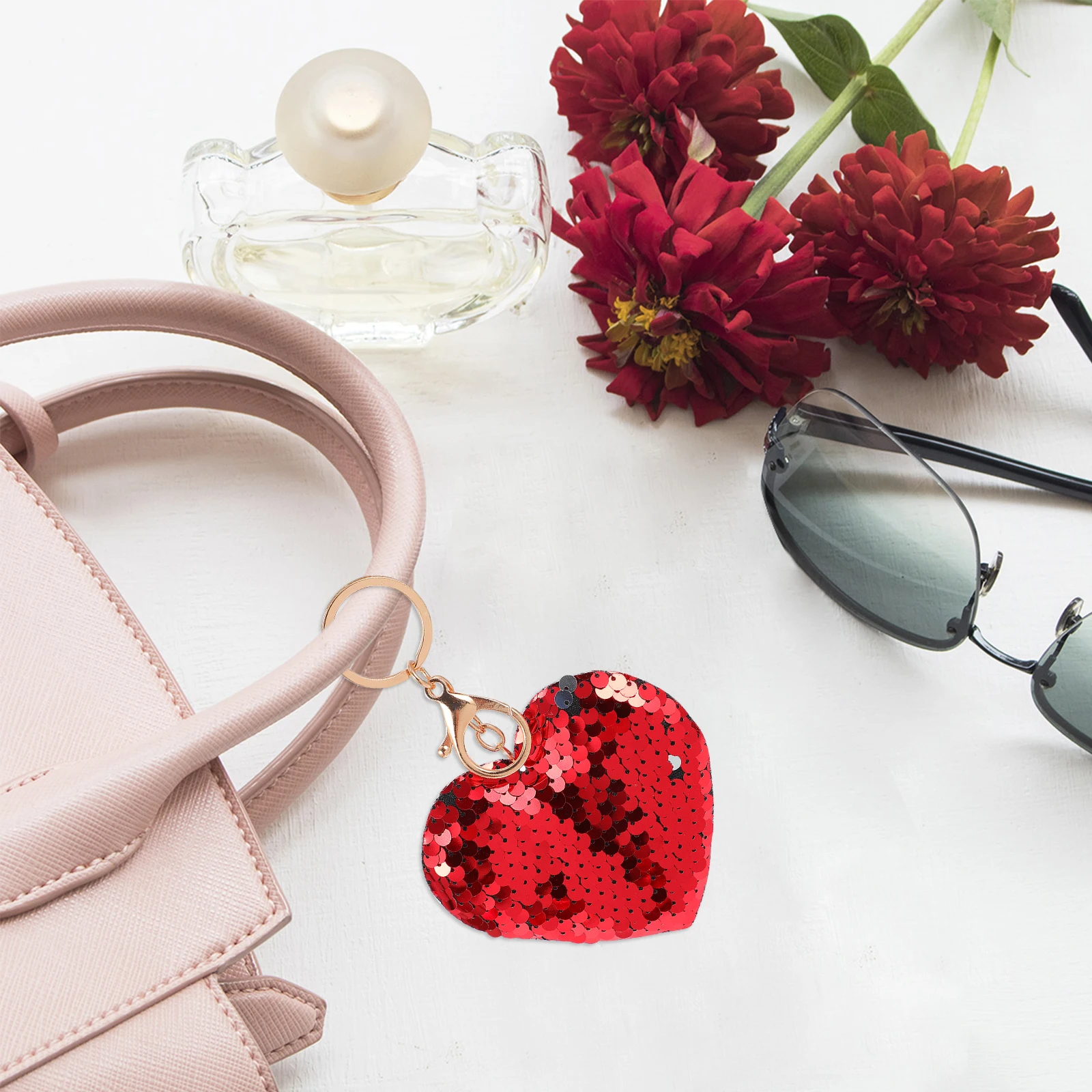 

24pcs Love Heart Keychain Glitter Sequin Pendant Red Decorative Key Ring For Valentine'S Bag Decoration