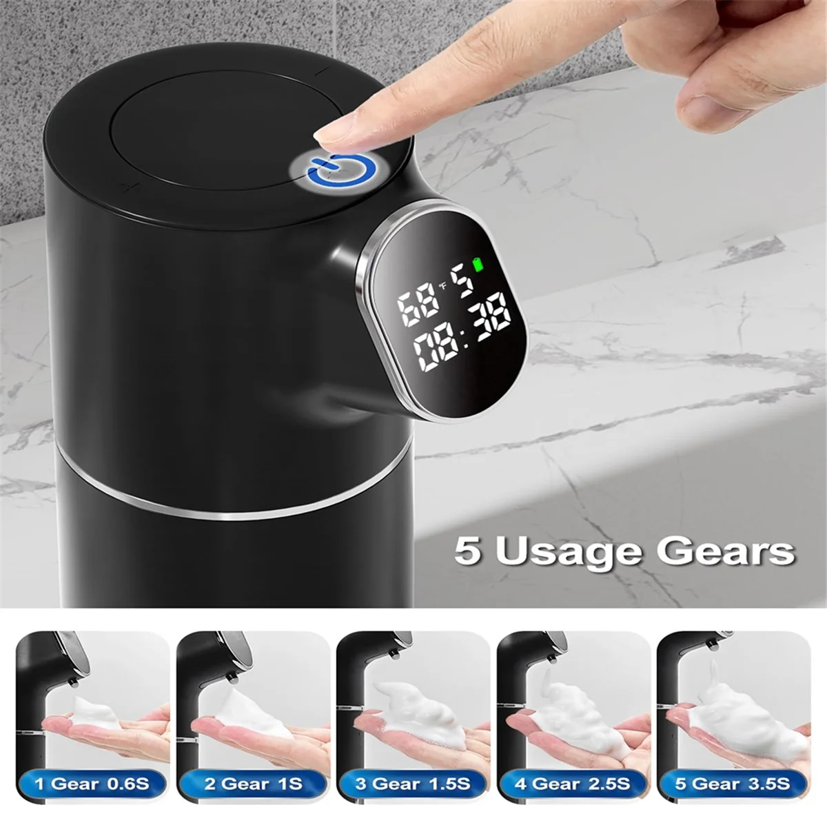 Automatic Foaming Soap Dispenser Touchless HD LED Time and Temperature Display 5-Level Adjustable IPX6 11oz/320ml