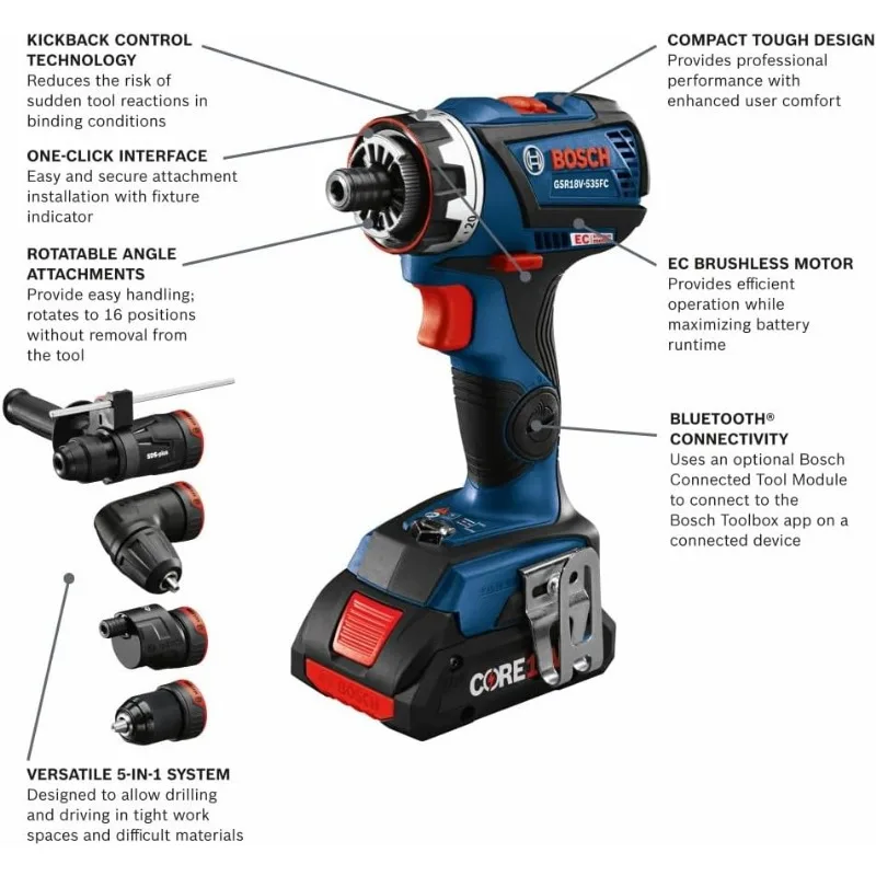 GSR18V-535FCB15 18V Drill/Driver with 5-In-1 Flexiclick® System and (1) CORE18V® 4 Ah Advanced Power Battery, Black Blue