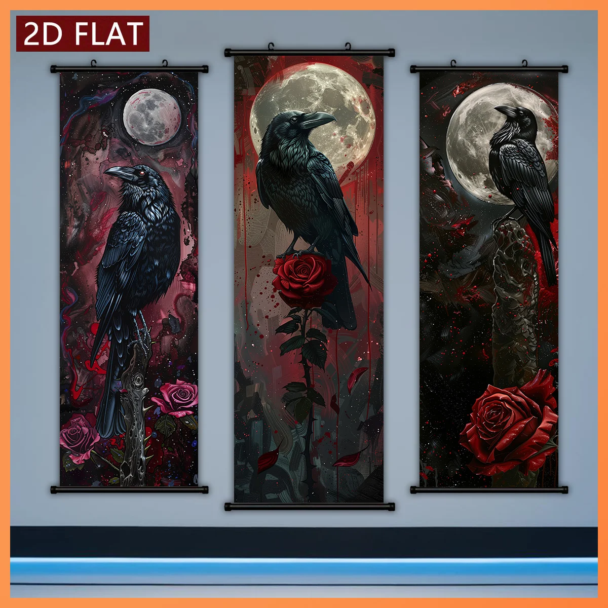 VIKAMA Dark Gothic Raven Crow Full Moon Rose 3 Panel Hanging Painting Wall Art Scroll Canvas Art Print Home Decor
