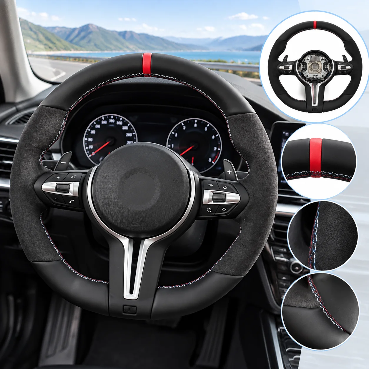 Volante in pelle PU nera per BMW M3 F30 F15 F16 F20 F21 F25 F26 M5 F10 F11 F06 F07 F12 F13 F01 E90 E90 X5 E70 E87 E81