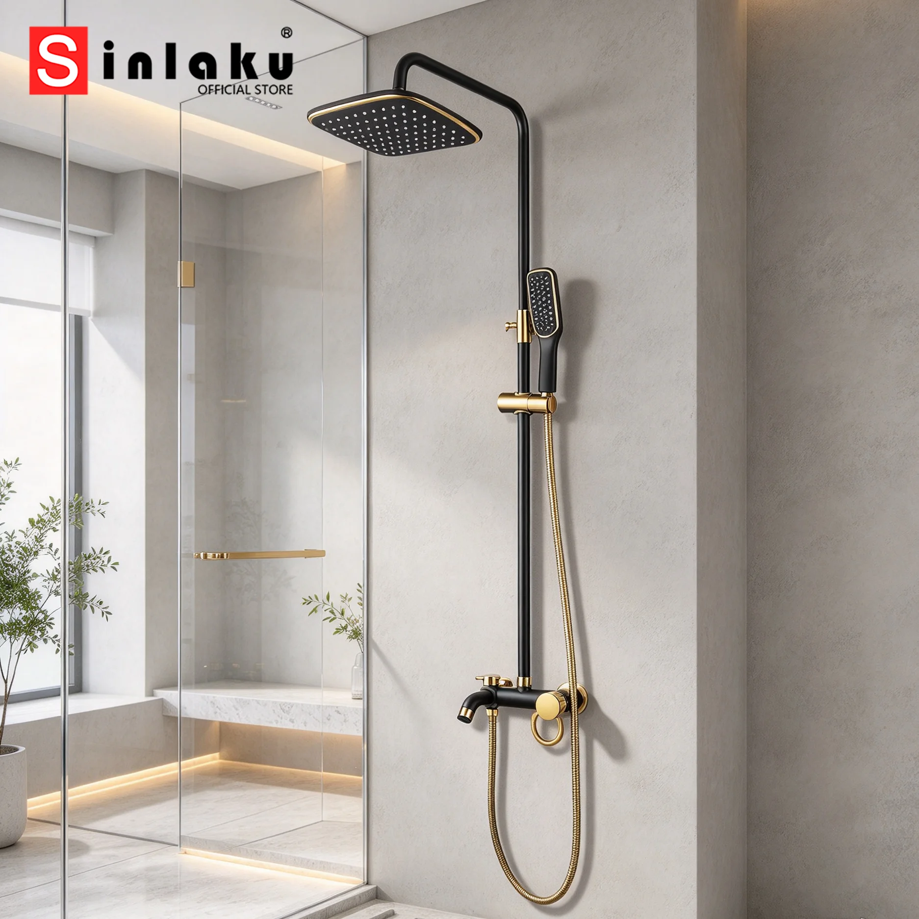 SINLAKU Luxury Bathroom Balck Gold Rainfall Shower Set Outdoor Bathtub Shower Faucet 3 Function Shower System Column