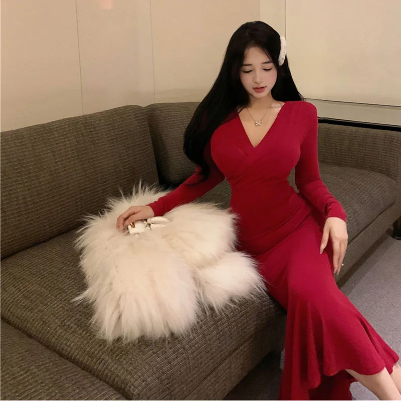 مثير الخامس الرقبة فستان بأكمام طويلة المرأة الخريف سليم الورك ذيل السمكة فستان طويل