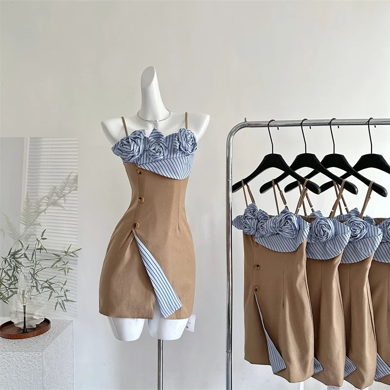 Vestido de tirantes finos de verano para mujer, vestido de retazos a rayas, diseño de coqueta de una pieza, vestido de noche Shoujo para fiesta y graduación, nuevo coreano