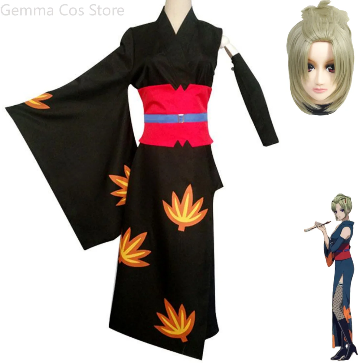 Anime Gintama Tsukuyo Cosplay Costume Wig Japanese Printing Black Kimono Bathrobe Adult Woman Sexy Halloween Party Suit