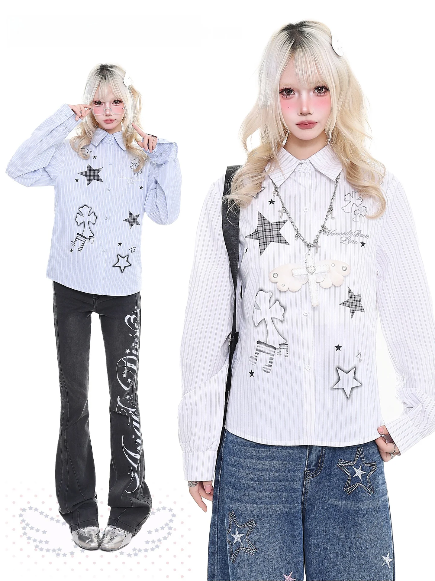 

Spring New Sle Women's irt Stripe Star Pattern ort Straight Cut Slimming Top Orange Marmalade Early Sense Stripes