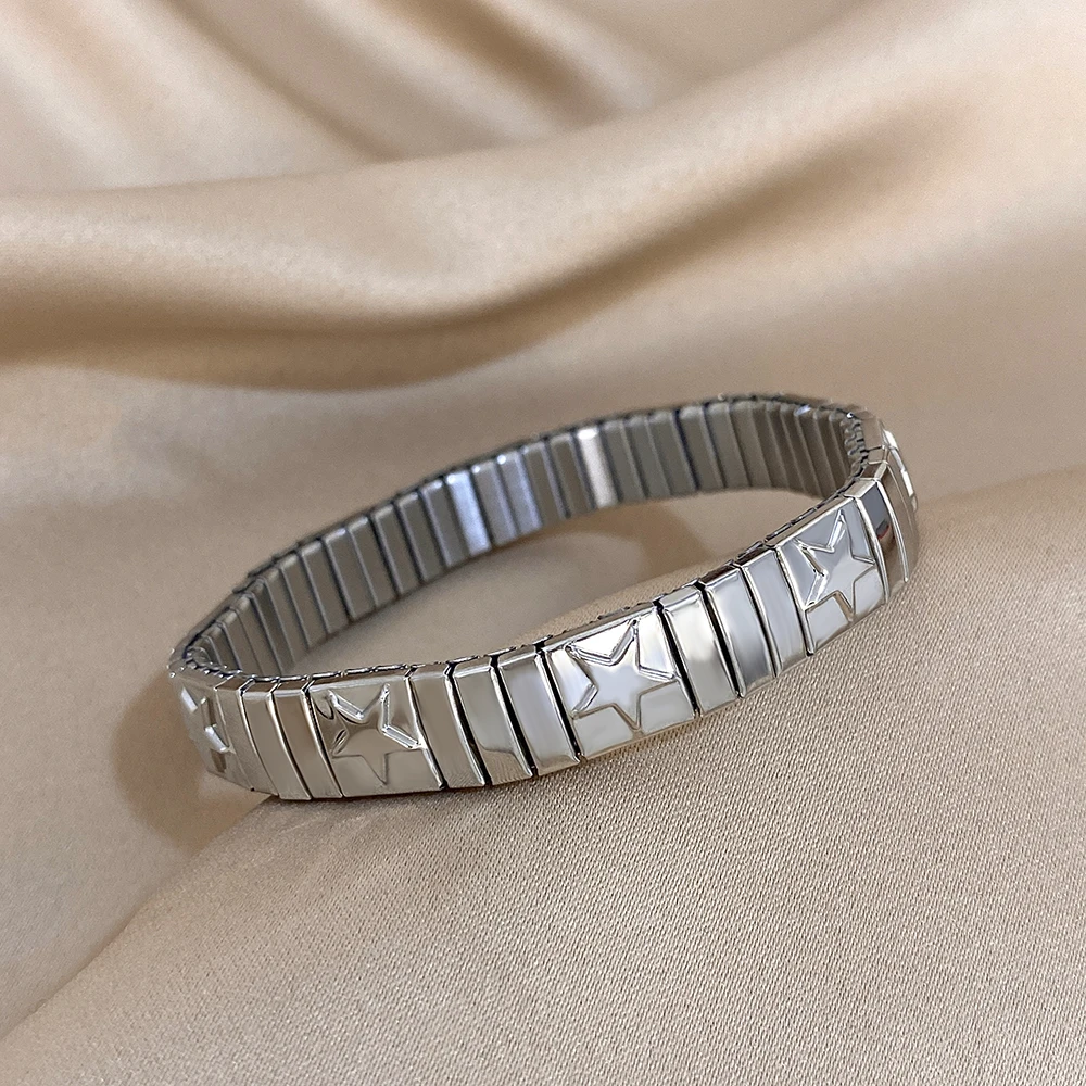 Vintage italienischer Charme elastische Edelstahl Sternmuster Armband Armreifen für Frauen Männer Armband Gliederkette verstellbar – Detail 8