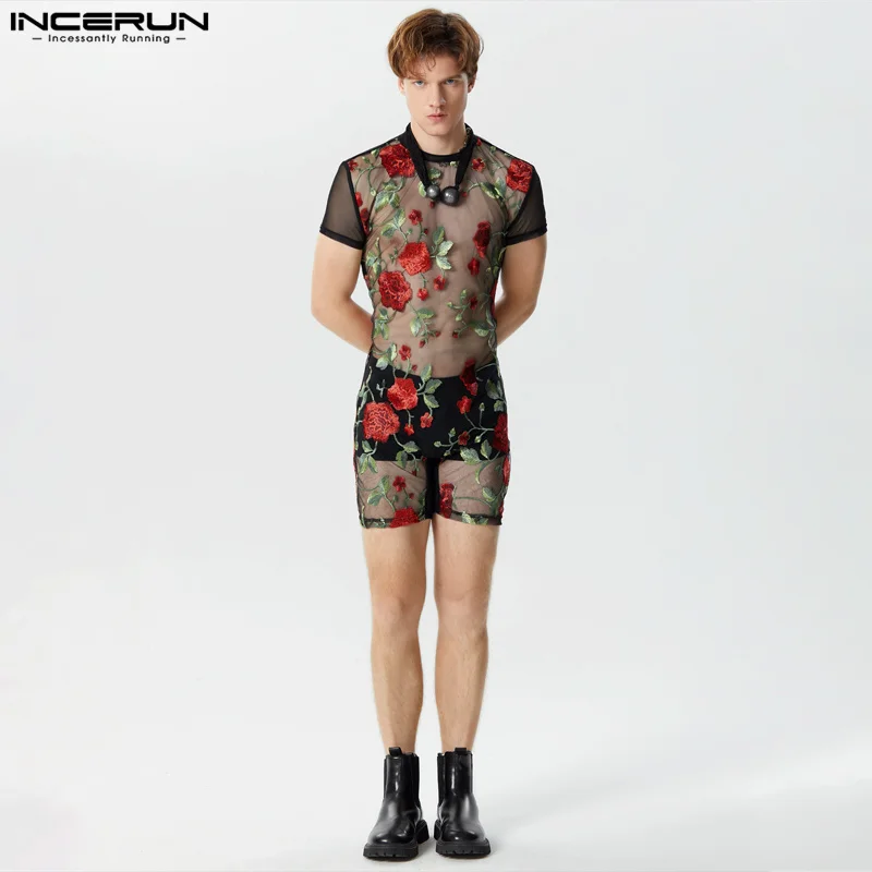 

INCERUN 2024 American Style Bodysuits Sexy New Men Loungewear Perspective Thin O-Neck Flower Printing Short Sleeve Rompers S-3XL