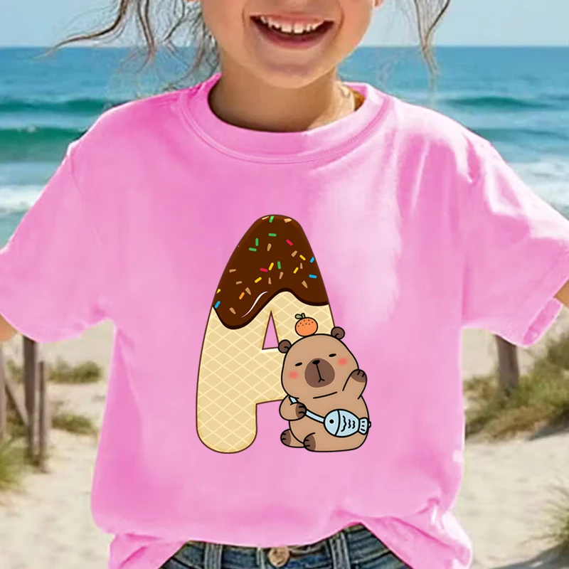 Children's Clothing Cartoon Capybara 26 Alphabet Tshirts Capybara Lover Birthday Gift Girl Boy 26 Initials Casual Top Cotton Tee