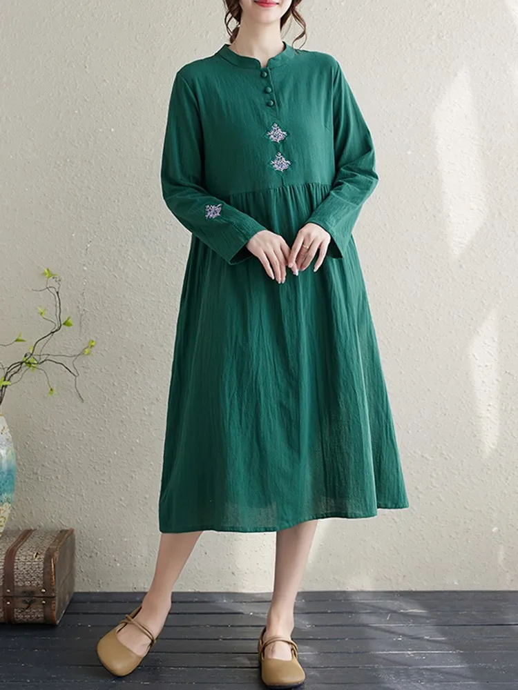 Women Casual Dress New Arrival 2023 Autumn Vintage Style Florla Embroidery Loose Female Cotton Linen Long Dresses B2930