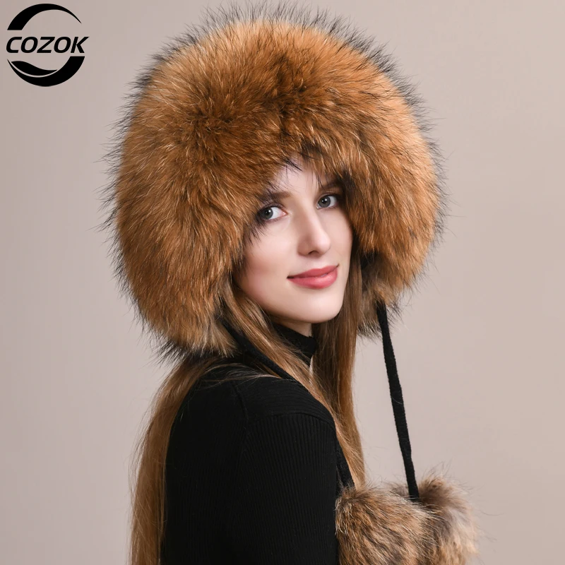 

Women's Outdoor Hat Winter Real Fox Fur Warm Fur Hats Lady Knitting Genuine Raccoon Fur Pom Pom Russian Bomber Hat 2024 Hats