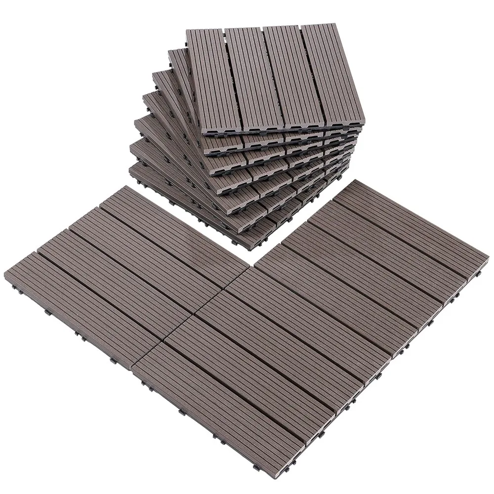 

PURE ERA Wood Composite Interlocking Floor Deck Tiles Indoor Outdoor Use 12x12 (10Pcs, 10 sq. Ft, Brown) - Great Upgrade to Pati