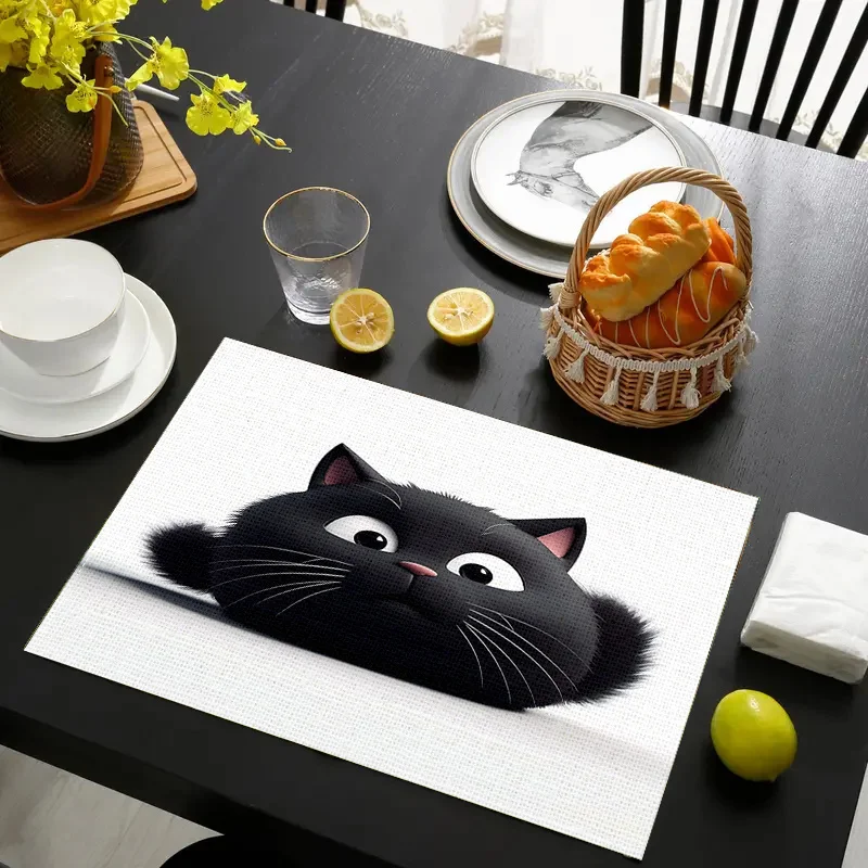 4Pcs Cute and Adorable Black Cat-Themed Placemats, Suitable for Dining Tables, Kitchens, Restaurants, Etc., Easily Create a Warm and Healing Atmosphere, a Heartwarming Gift for Cat Lovers