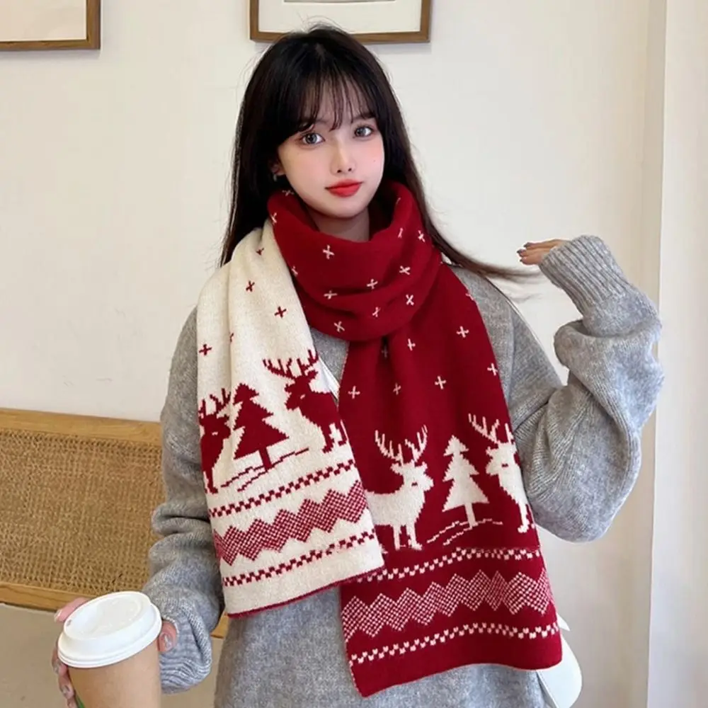 

Christmas Pattern Long Scarf Printed Snowflake Knitted Red Scarf Double-sided Winter Warm Couple Shawl Gift for Outdoor
