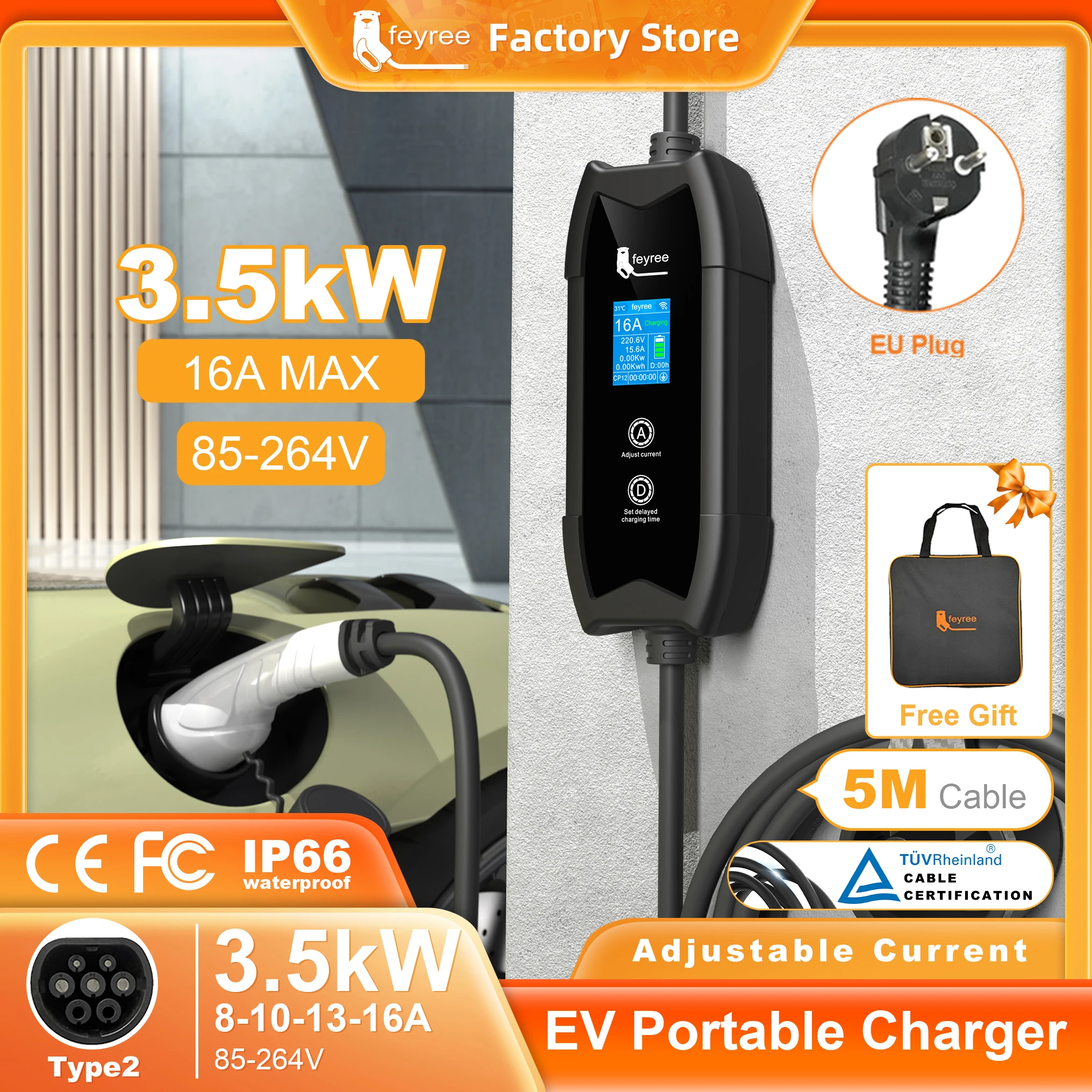Chargeur EV Type 2 Feyree 3,5 kW 16 A, boîte de charge portable, réglage du courant et du temps de retard, câble de 5 m pour chargeur de véhicule électrique