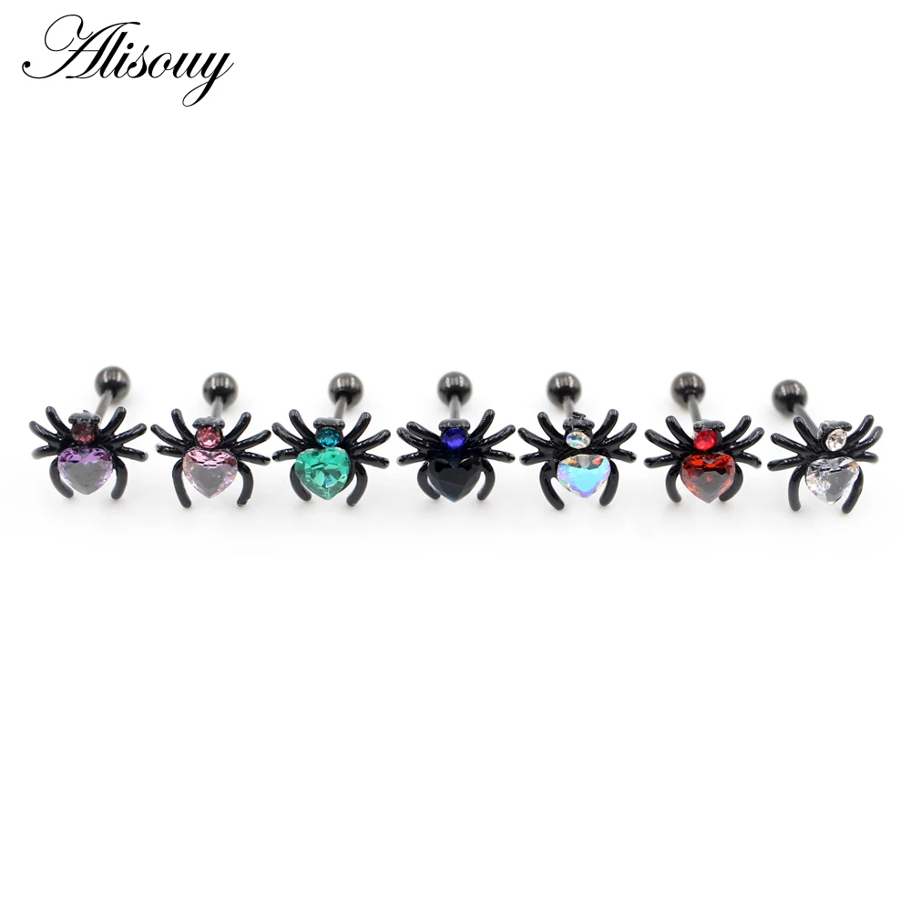 Alisouy 2PCS Stainless Steel Spider Heart Round Zircon Ball Women Men Girl Ear Stud Cartilage Threaded Earrings Piercing Jewelry