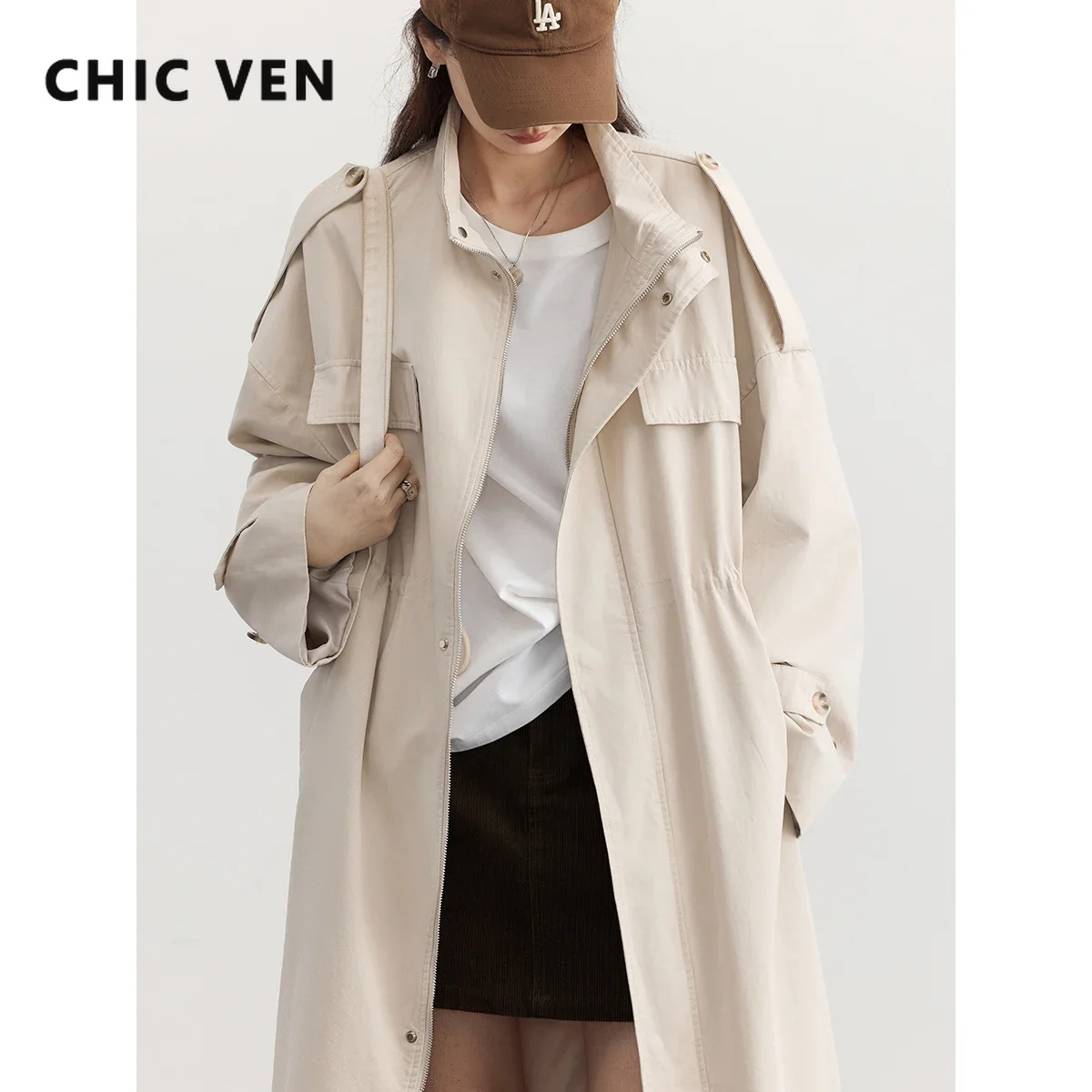 

CHIC VEN Women Trench Coat New Workwear Standing Collar Cotton Long Windbreaker Woman Coat Female Clothing Spring Autumn 2024