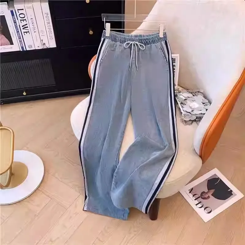 مجموعة بناطيل رجالي النساء قطعتين مجموعات الدنيم لصق سستة مطابقة مجموعات رداء علوي غير رسمي واسعة الساق السراويل الطويلة الدانتيل يصل مرونة الخصر 2025