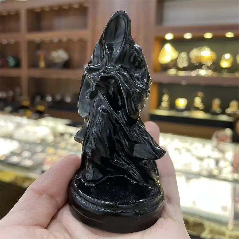 Natural Black Obsidian Wizard Quartz Crystal Sorcerer Hand Carved Gemstone Ornament For Christmas Gift