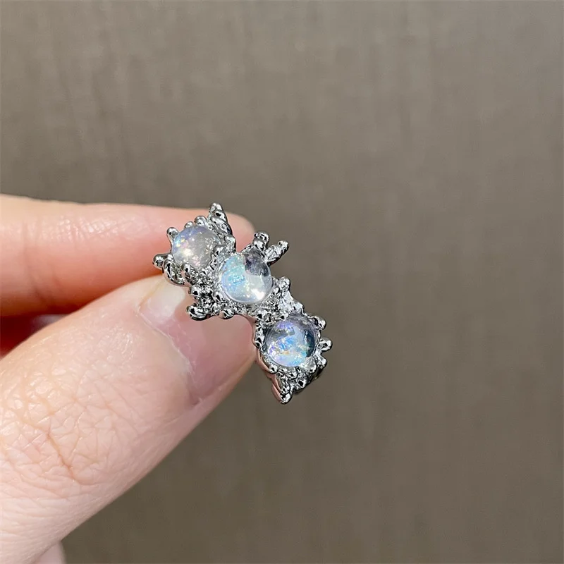 Pink Crystal Irregular Heart Ring for Women Creative Blue Opal Heart Open Ring Shiny Geometric Zircon Ring Vintage Y2K Jewely