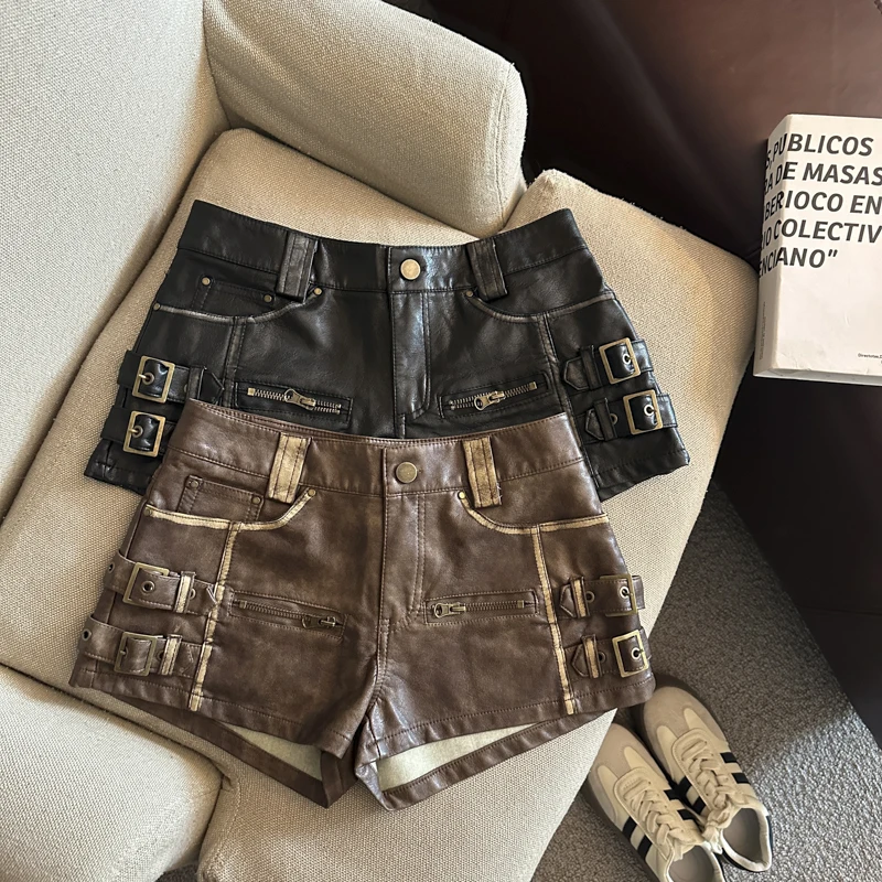 

Женские шорты из искусственной кожи с низкой талией Y2k для девочек, женские уличные тонкие короткие брюки из искусственной кожи